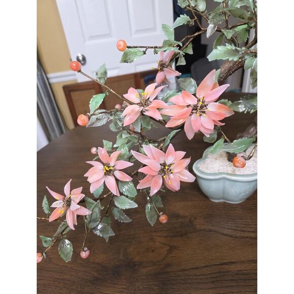 Vintage Chinese Glass Stone Jade Cherry Blossom Bonsai Tree Pink Flowers 14" - Picture 8 of 16